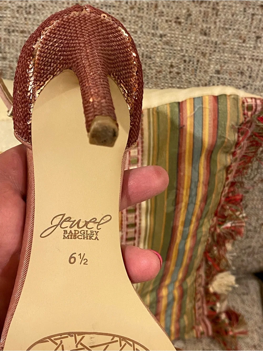 Badgley Mischka Rose Gold Sequin Ankle-Strap Heels